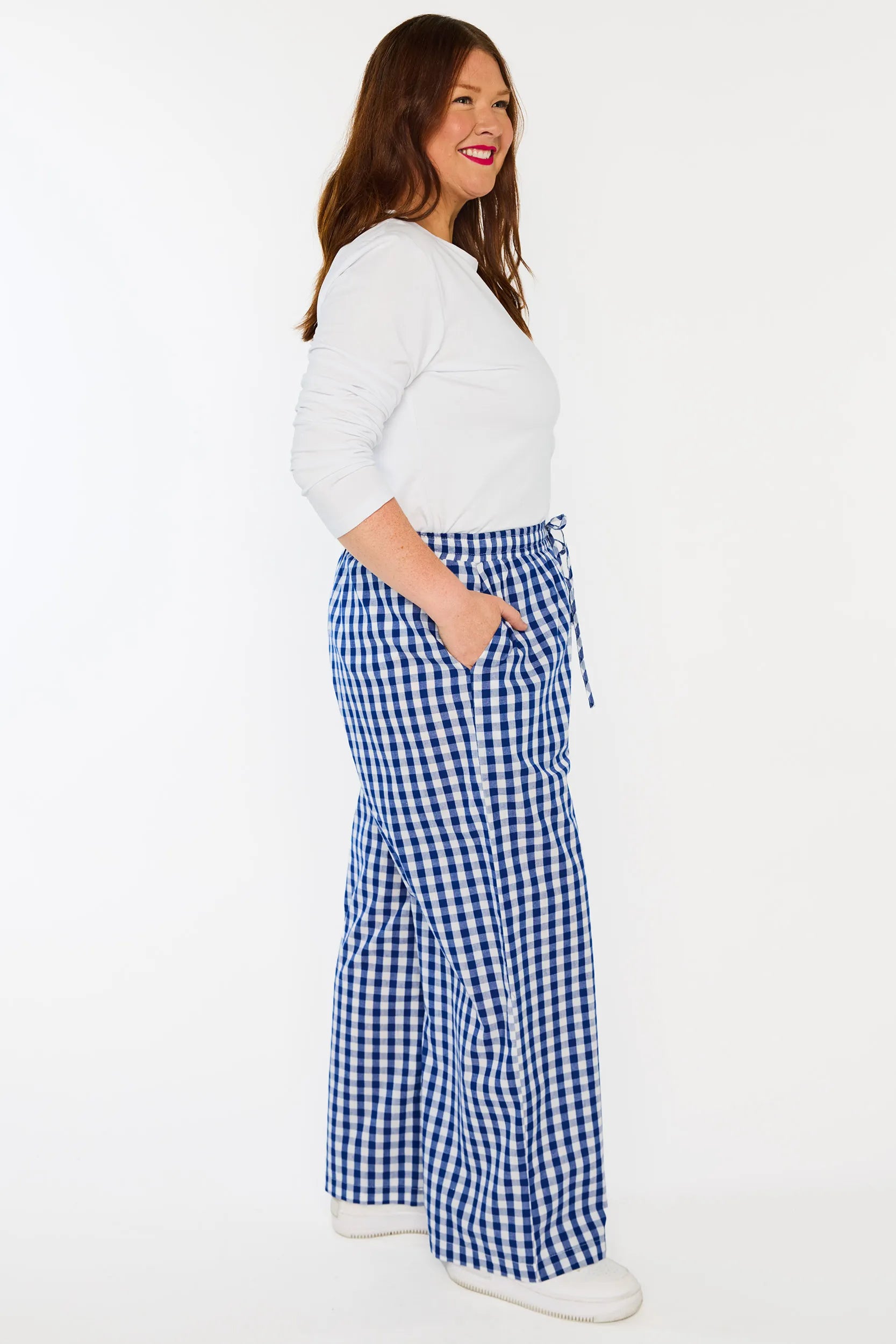 Beyond Navy Gingham Pant โ Navy Gingham wide leg pants