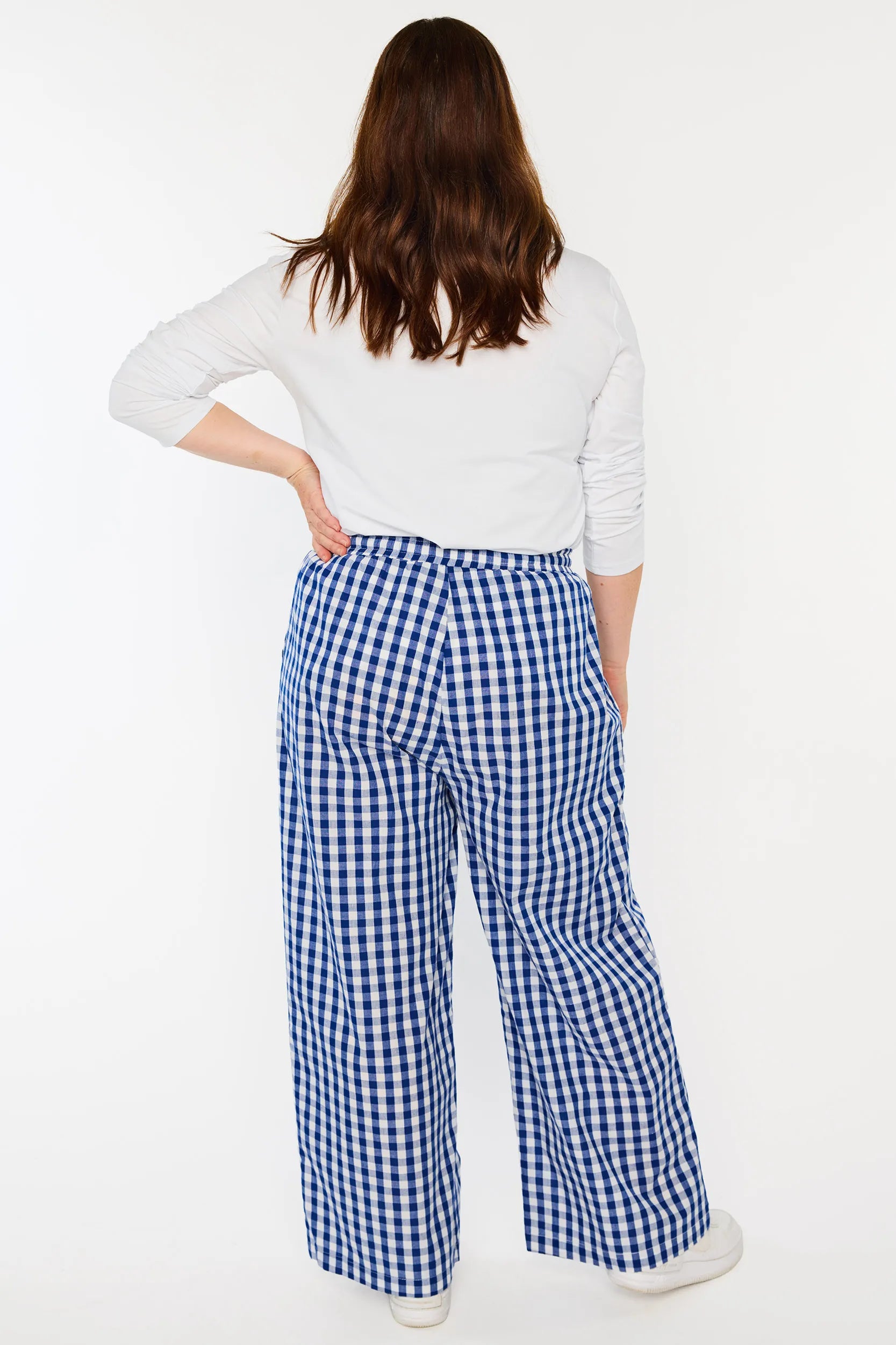 Beyond Navy Gingham Pant โ Navy Gingham wide leg pants