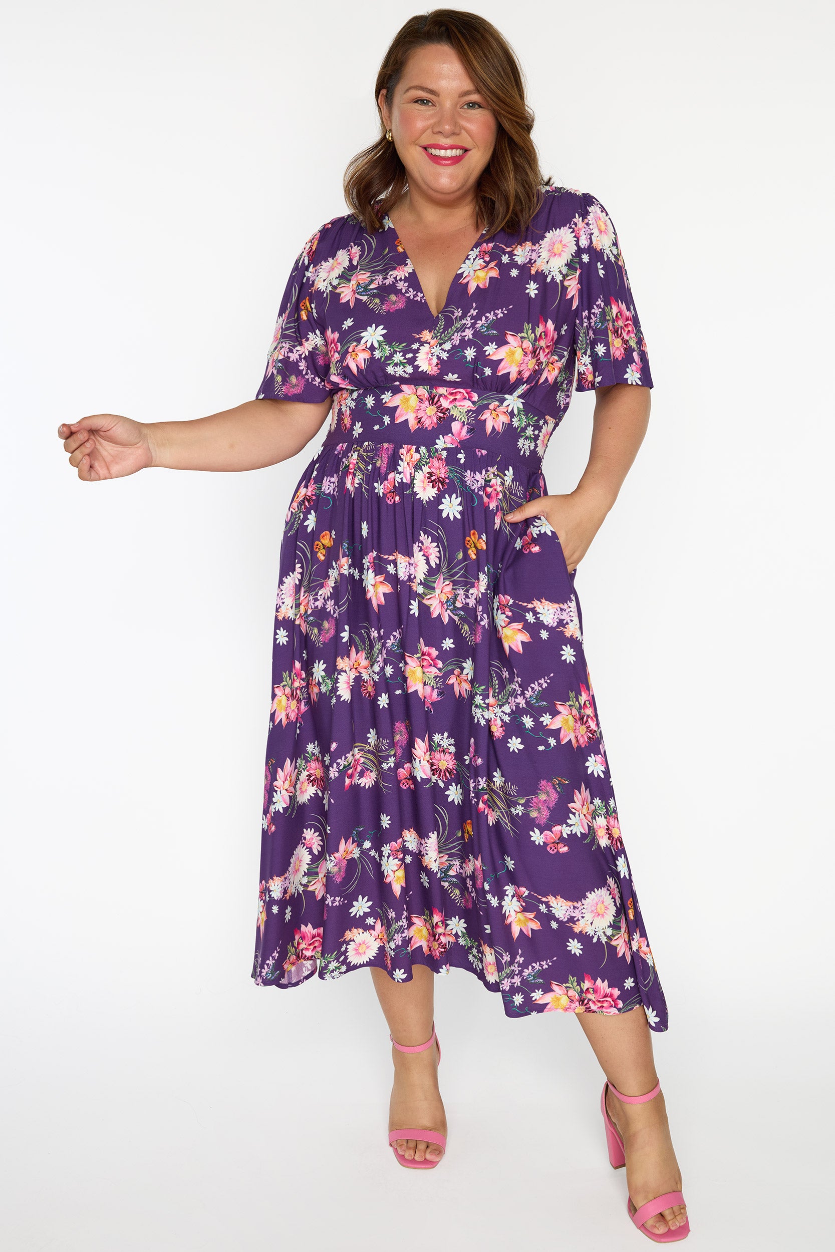 Eloise Butterfly Kisses Plum Dress โ Butterfly Kisses Plum midi dress