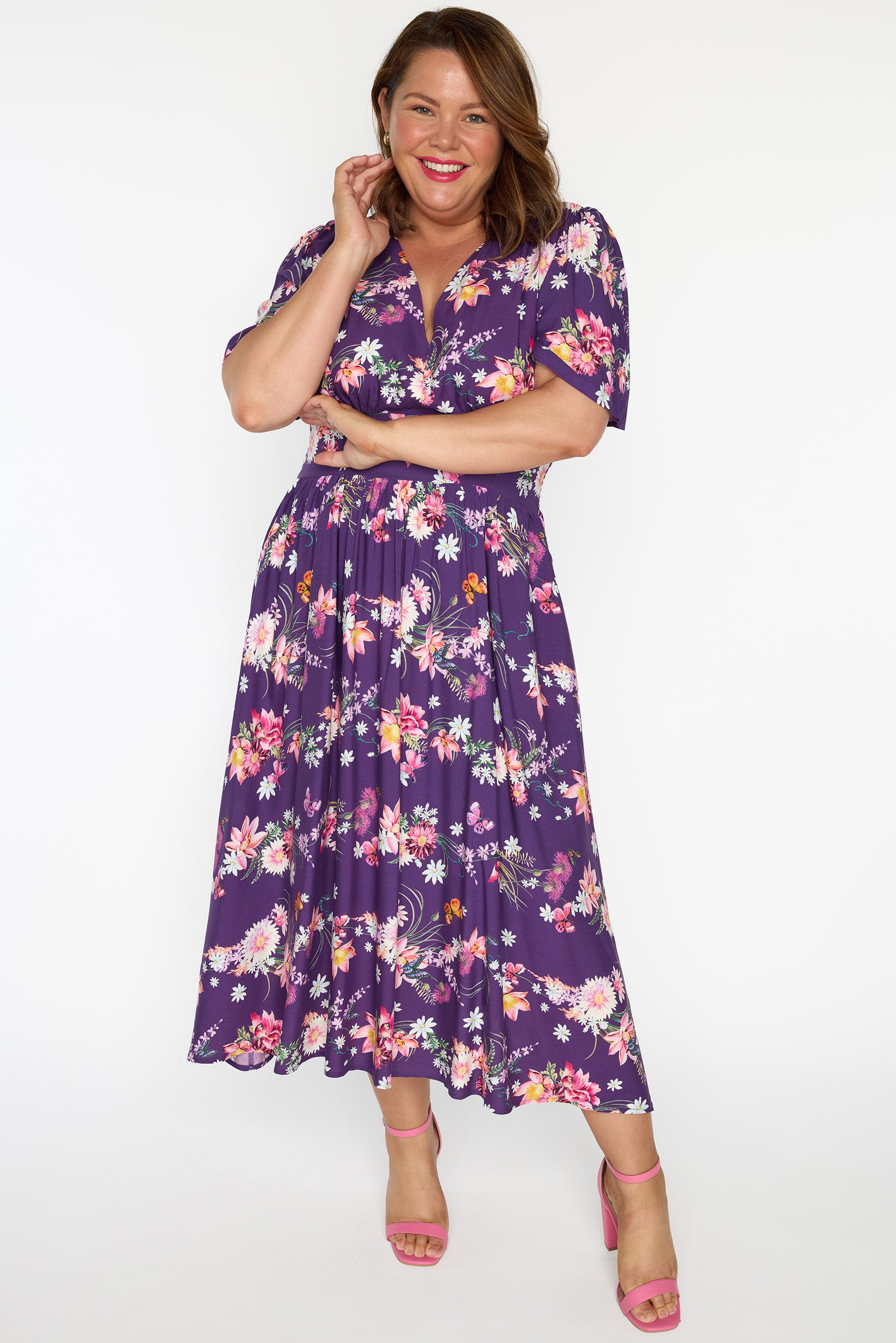 Eloise Butterfly Kisses Plum Dress โ Butterfly Kisses Plum midi dress
