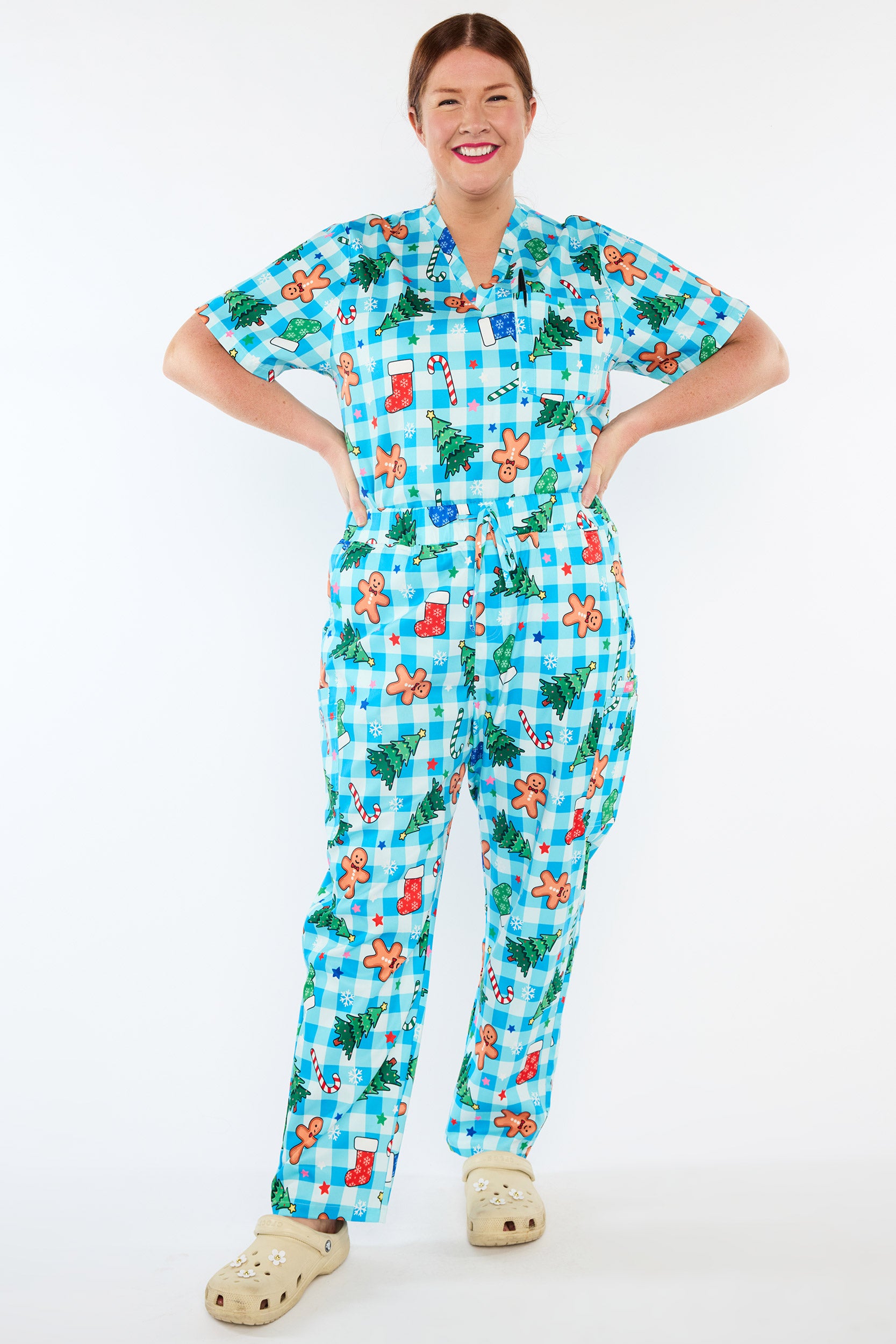 Cristina Christmas On Gingham Blue Scrub Pant (Pre-Order)