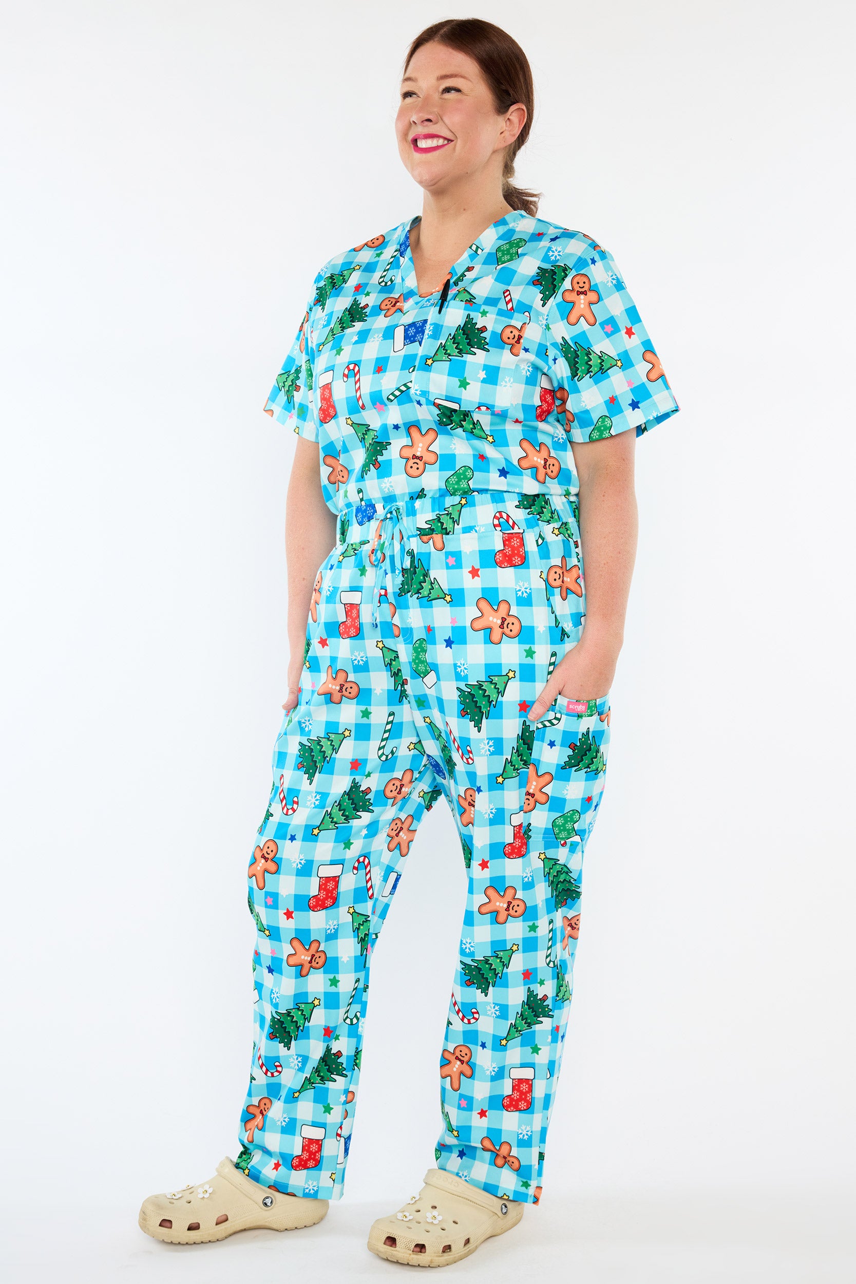 Cristina Christmas On Gingham Blue Scrub Pant (Pre-Order)