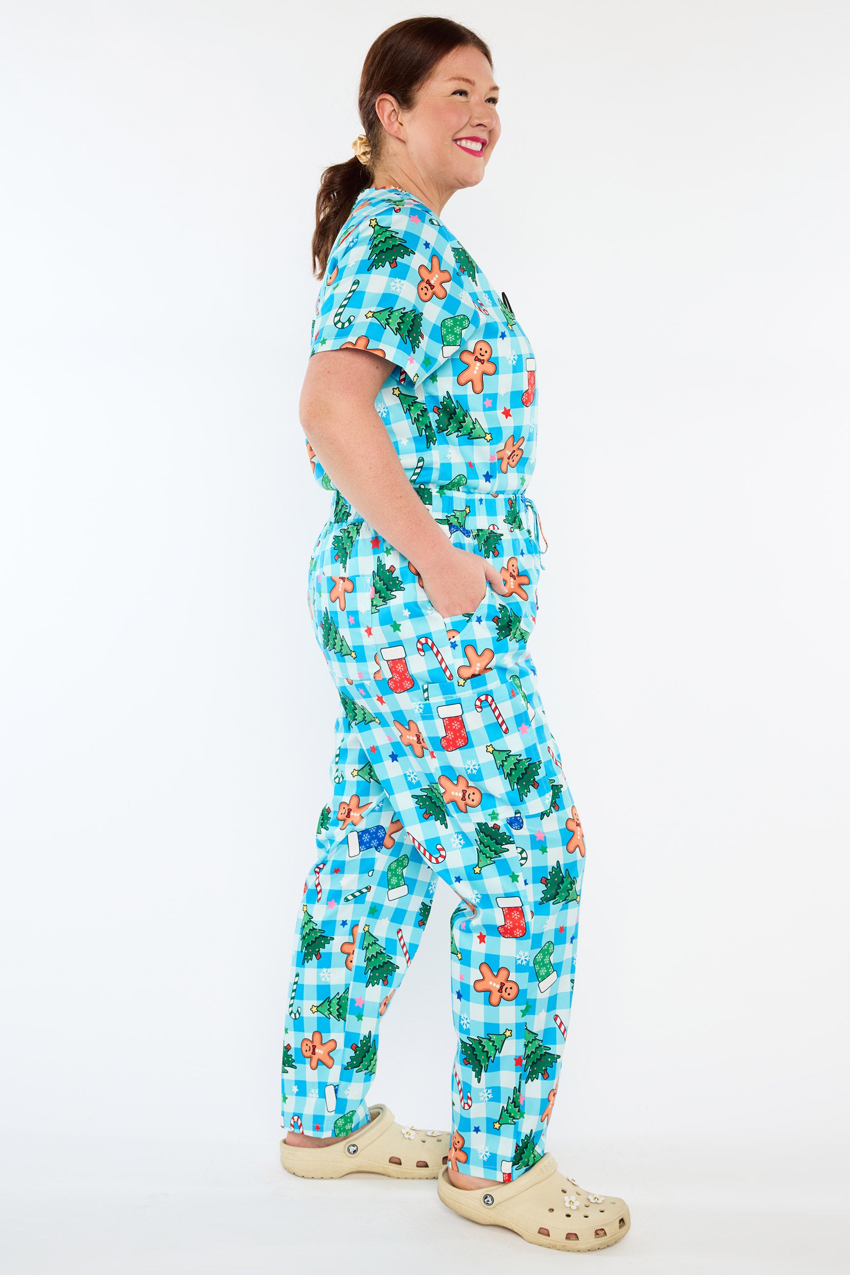 Cristina Christmas On Gingham Blue Scrub Pant (Pre-Order)