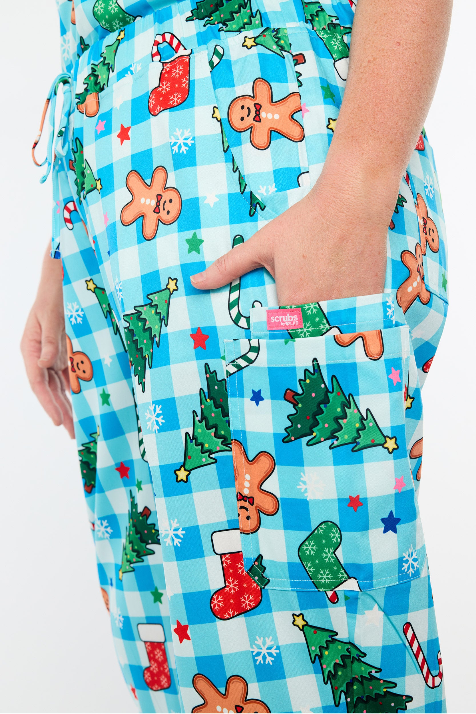 Cristina Christmas On Gingham Blue Scrub Pant (Pre-Order)