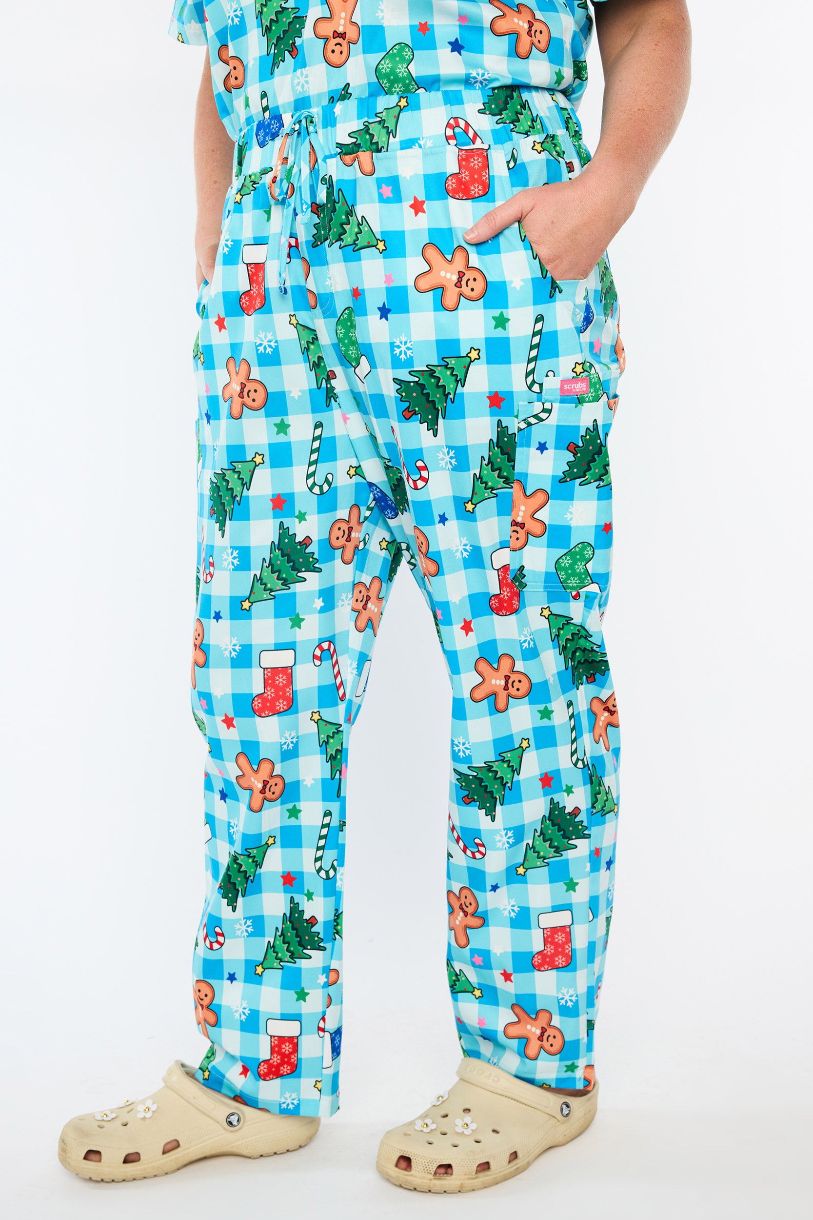 Cristina Christmas On Gingham Blue Scrub Pant (Pre-Order)