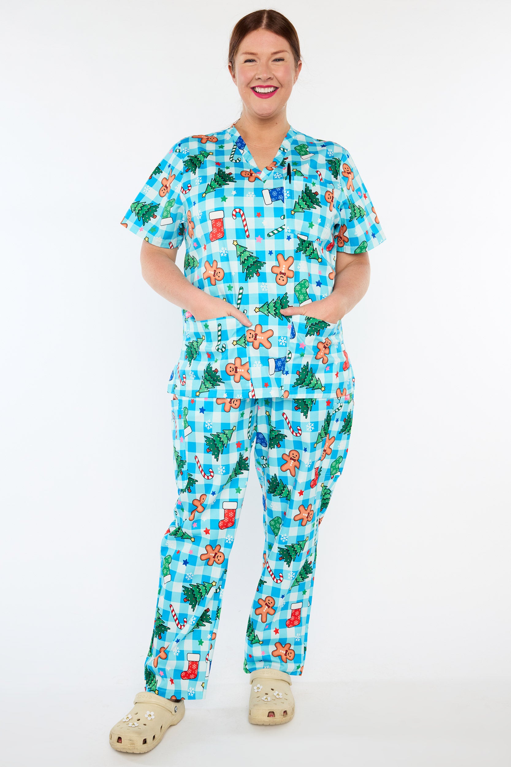 Meredith Christmas On Gingham Blue Scrub Top (Pre-Order)