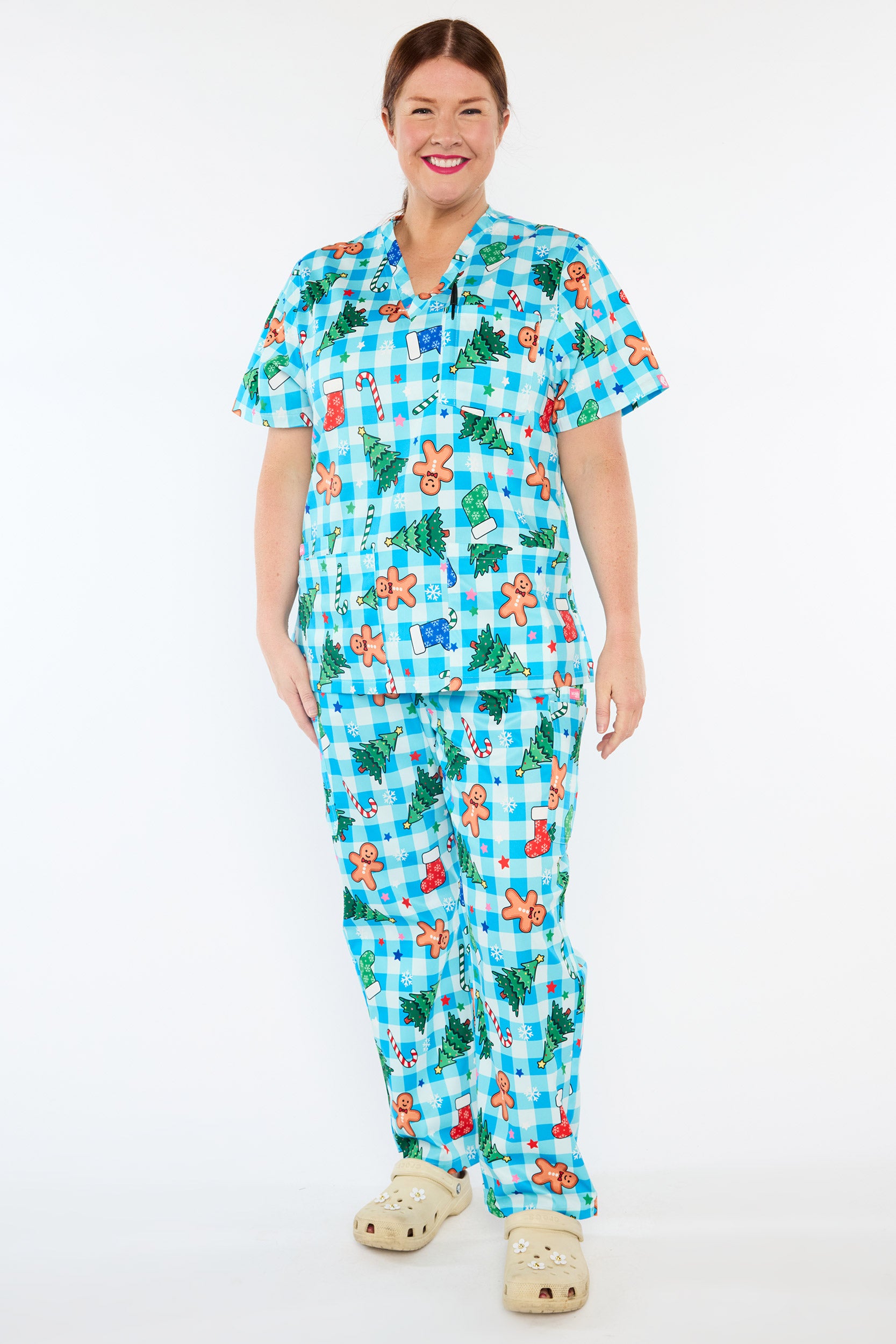 Meredith Christmas On Gingham Blue Scrub Top (Pre-Order)