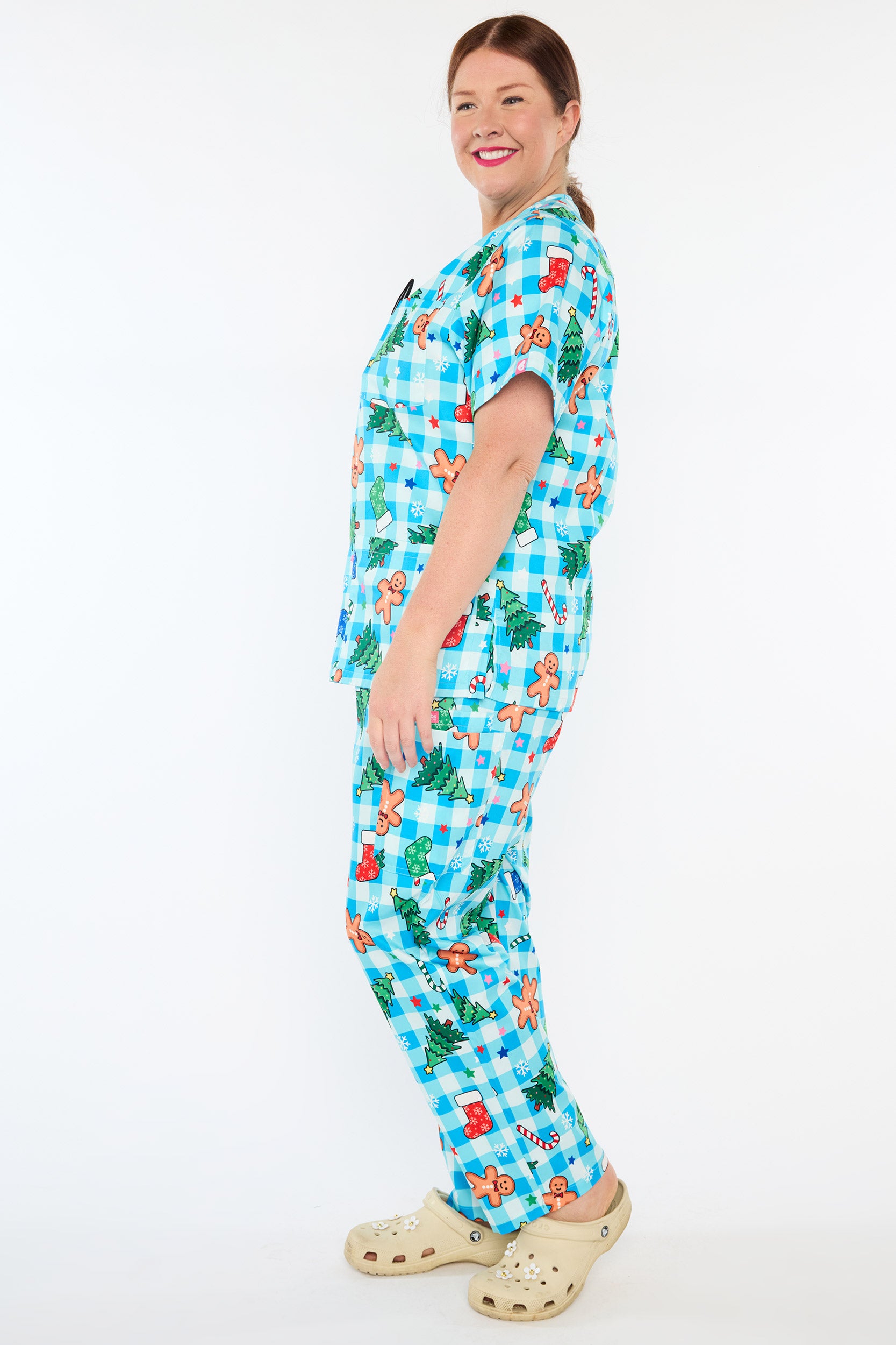 Meredith Christmas On Gingham Blue Scrub Top (Pre-Order)