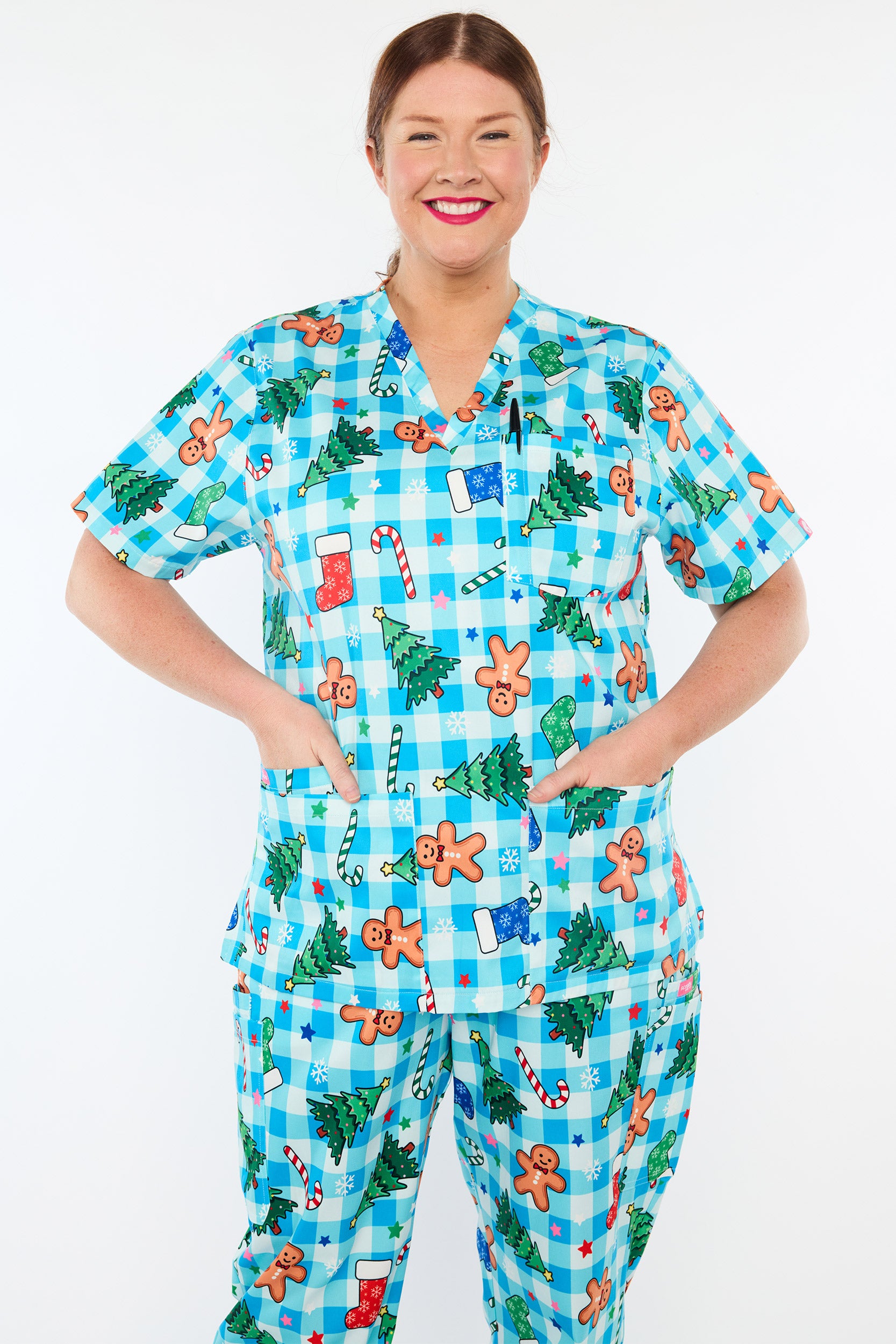 Meredith Christmas On Gingham Blue Scrub Top (Pre-Order)