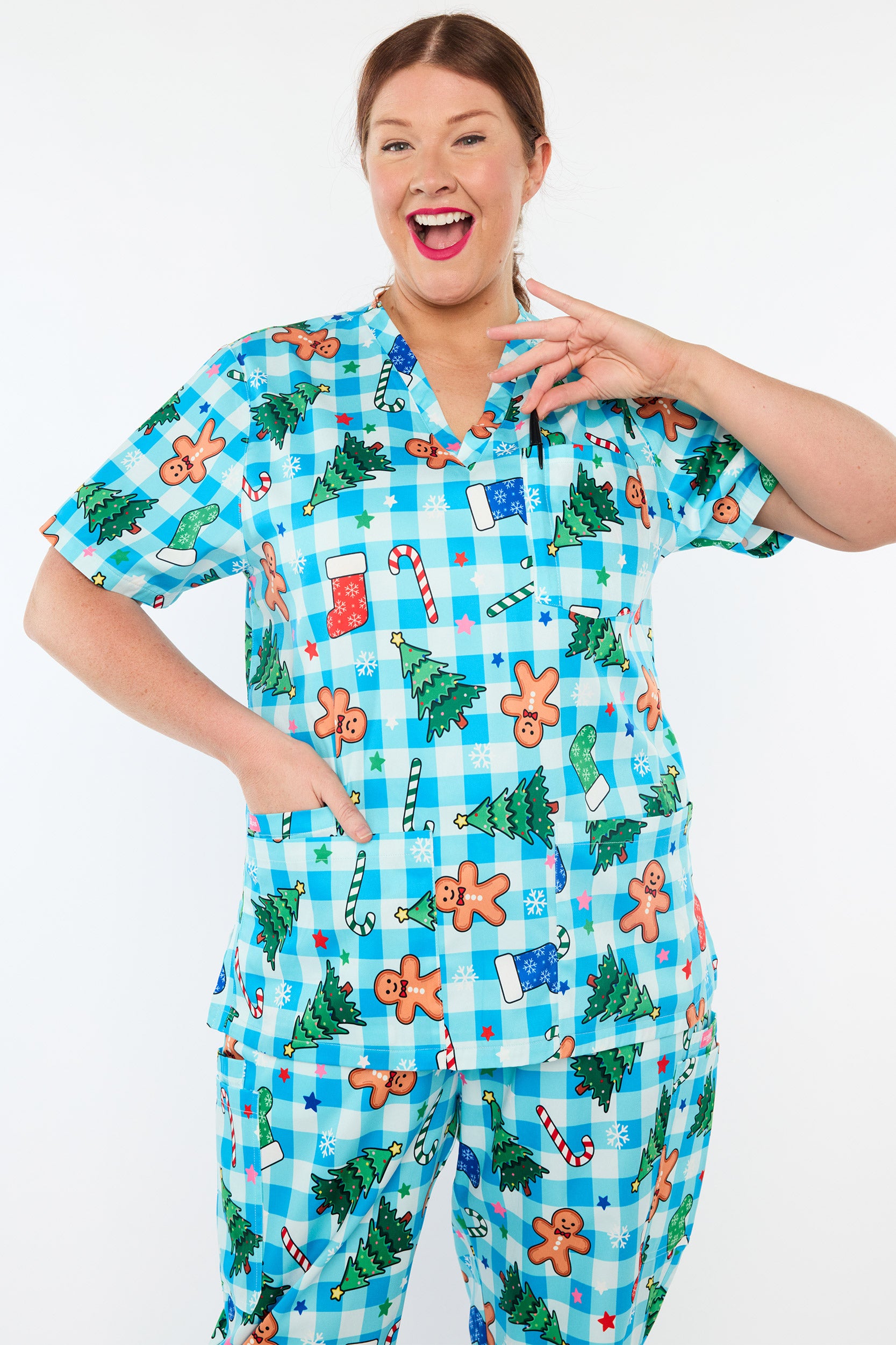 Meredith Christmas On Gingham Blue Scrub Top (Pre-Order)