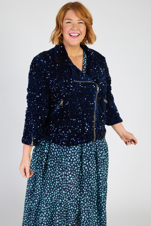 Kaitlin Navy Sequins Biker Jacket – Navy Sequins biker jacket