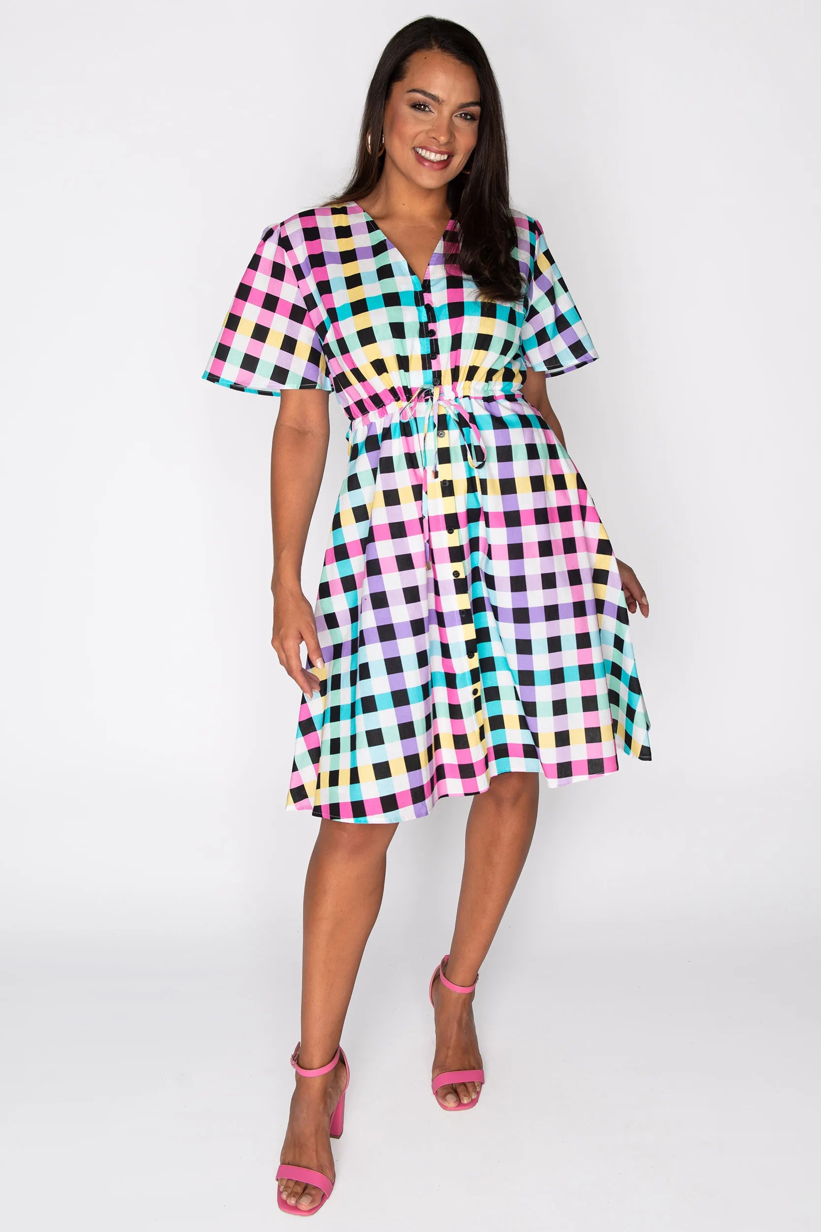 Siena Cotton Black Rainbow Gingham Dress โ Black Rainbow Gingham knee length dress