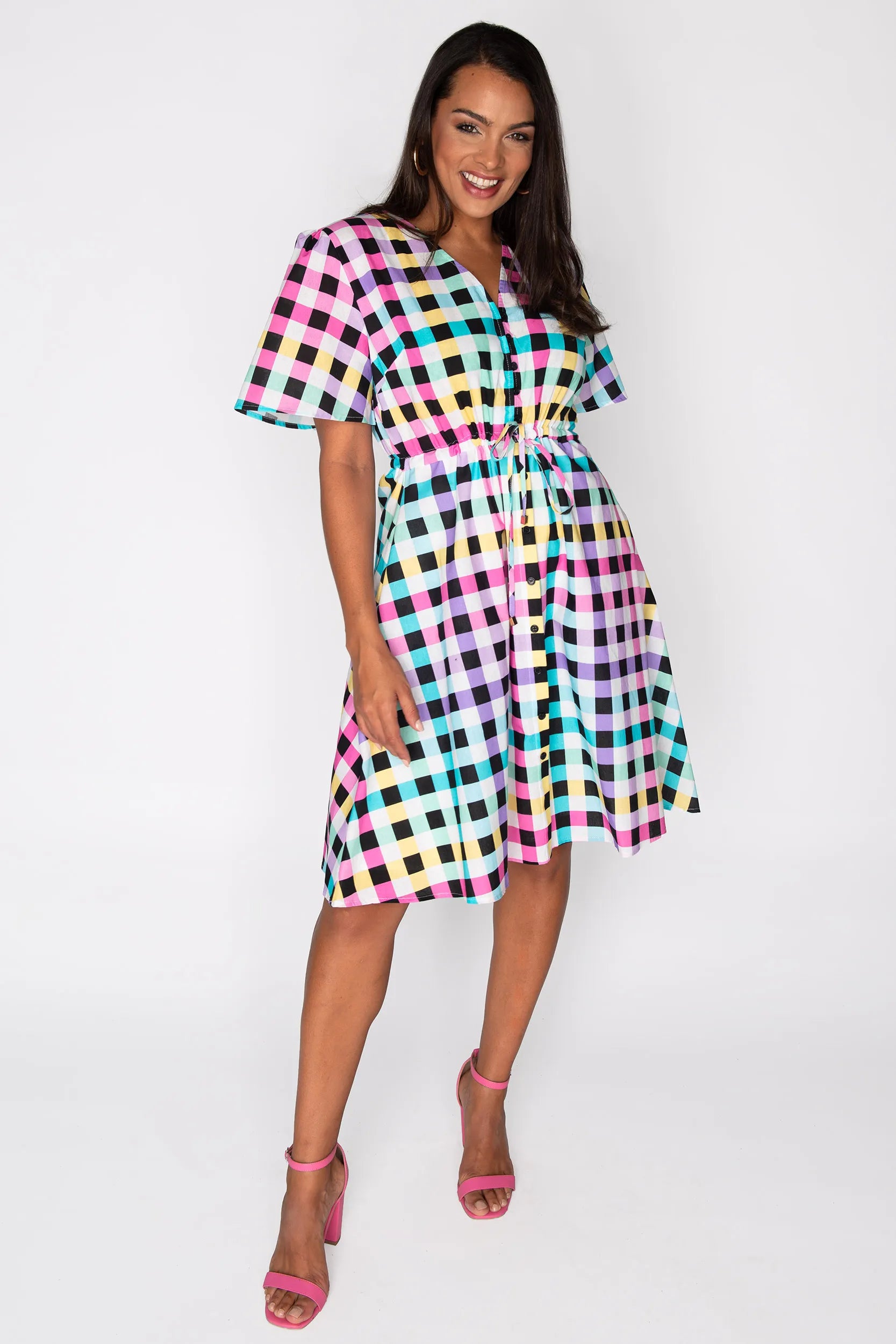 Siena Cotton Black Rainbow Gingham Dress โ Black Rainbow Gingham knee length dress