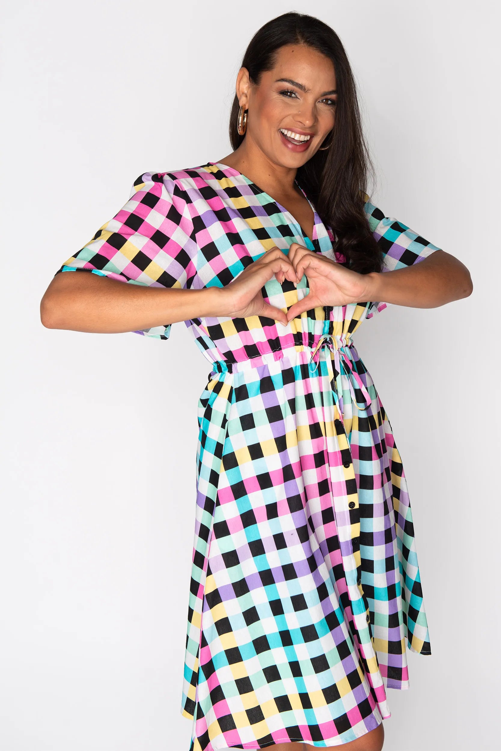 Siena Cotton Black Rainbow Gingham Dress โ Black Rainbow Gingham knee length dress