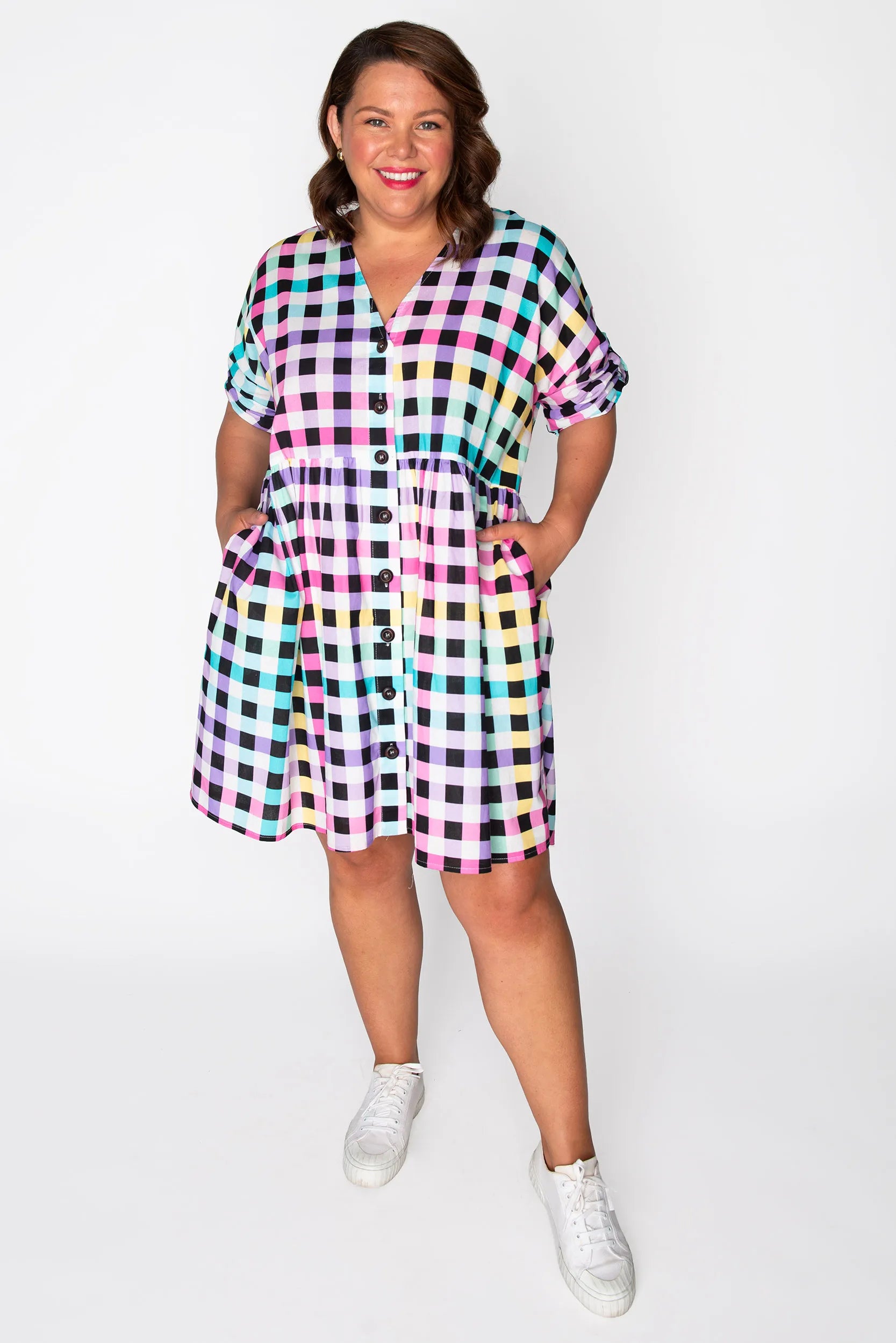 Adina Black Rainbow Gingham Dress – Black Rainbow Gingham knee length dress