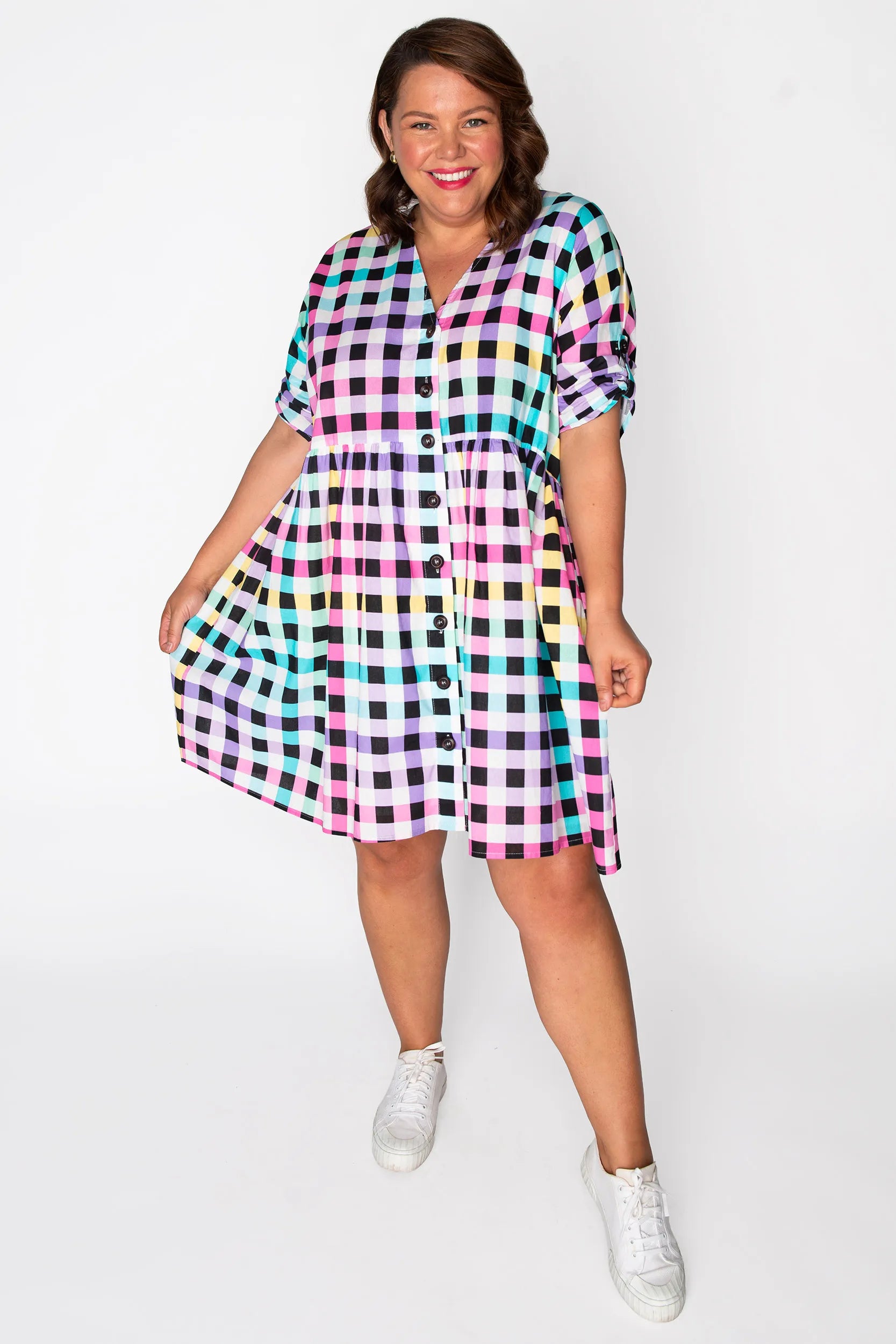 Adina Black Rainbow Gingham Dress – Black Rainbow Gingham knee length dress