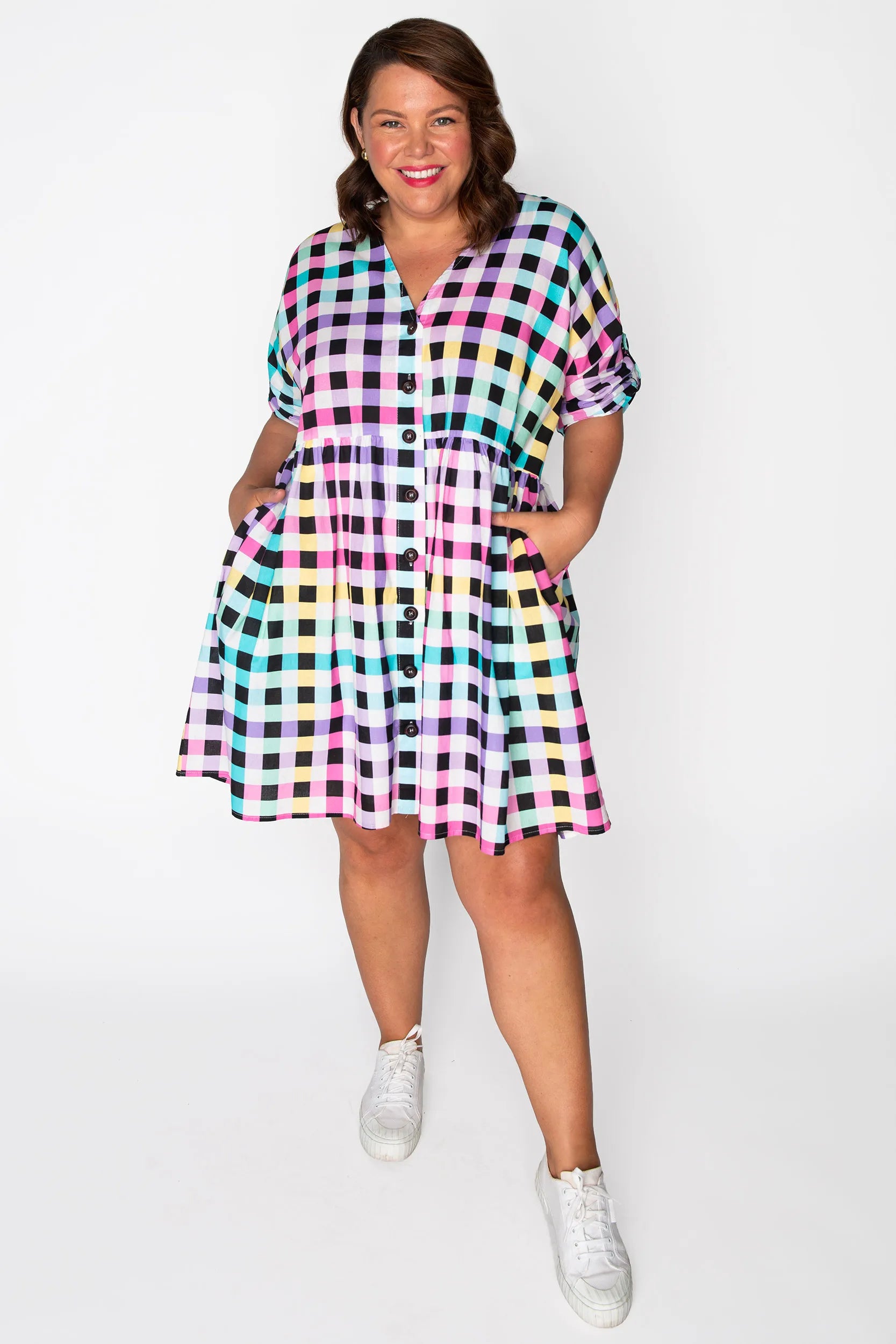 Adina Black Rainbow Gingham Dress – Black Rainbow Gingham knee length dress