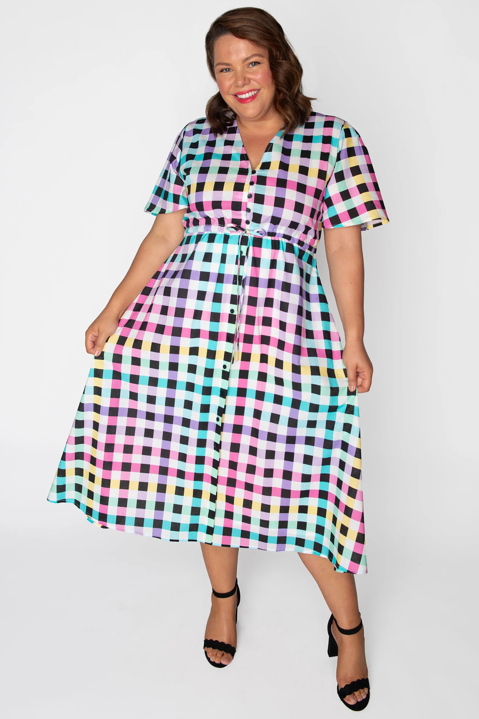 Marley Cotton Black Rainbow Gingham Dress – Black Rainbow Gingham midi dress