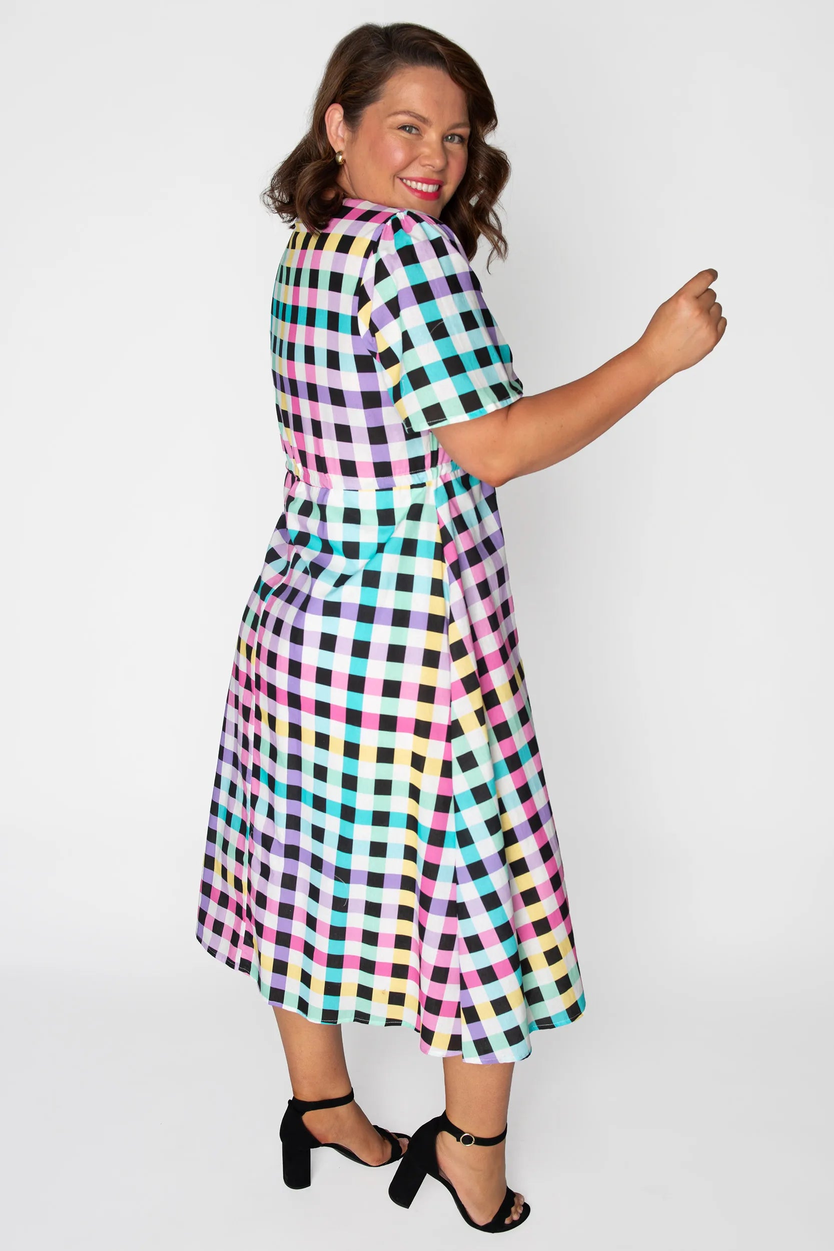 Marley Cotton Black Rainbow Gingham Dress – Black Rainbow Gingham midi dress