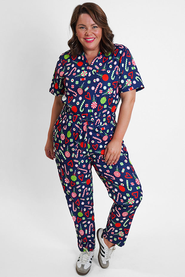 Cristina Candy Crush Christmas Scrub Pant – Candy Crush Christmas wide leg pants