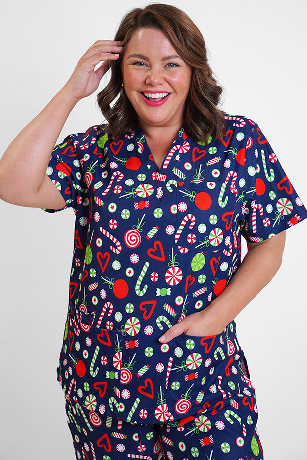 Meredith Candy Crush Christmas Scrub Top – Candy Crush Christmas top