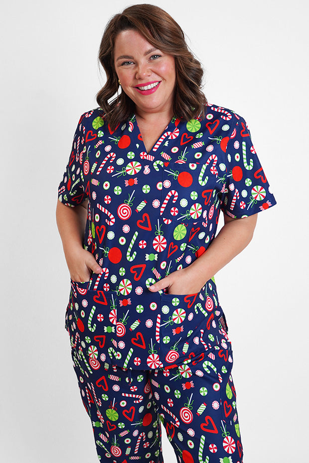 Meredith Candy Crush Christmas Scrub Top – Candy Crush Christmas top