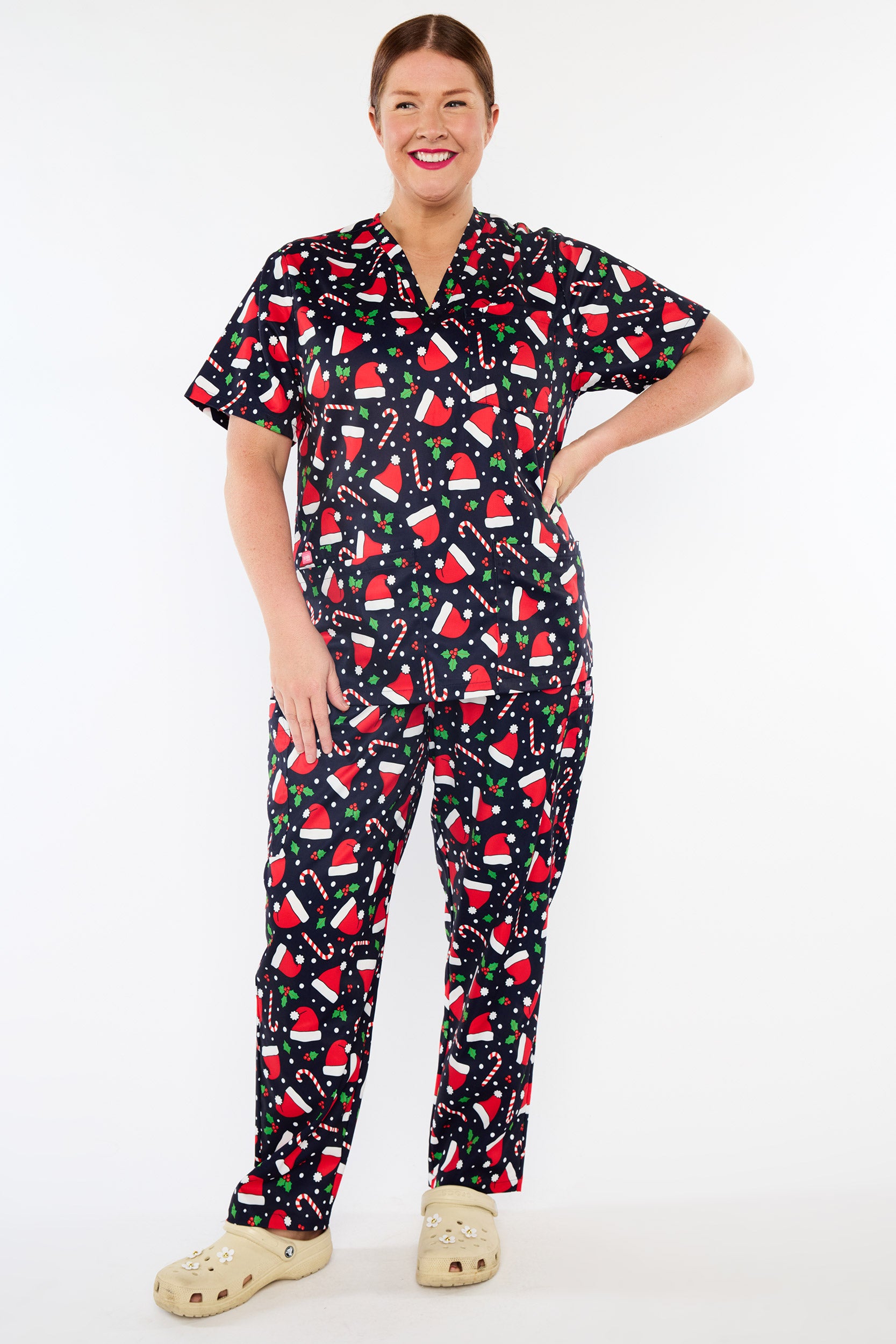 Meredith Santa Hats Christmas Scrub Top (Pre-Order)
