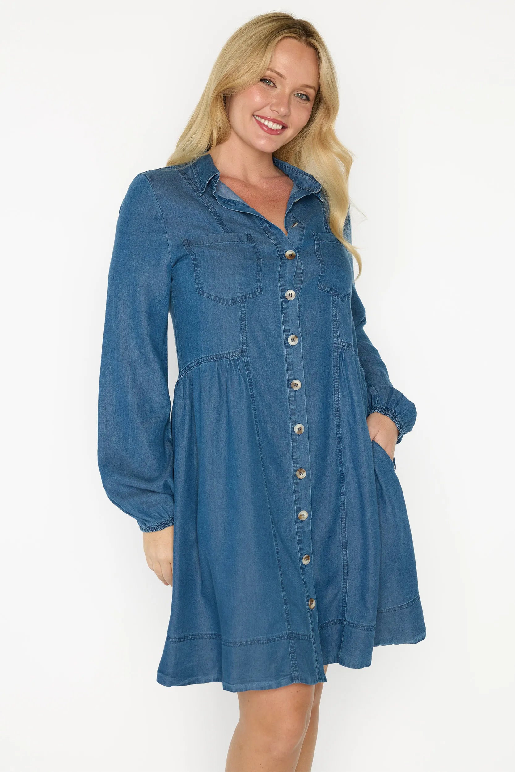 Tanzie Chambray Dress – Chambray knee length dress