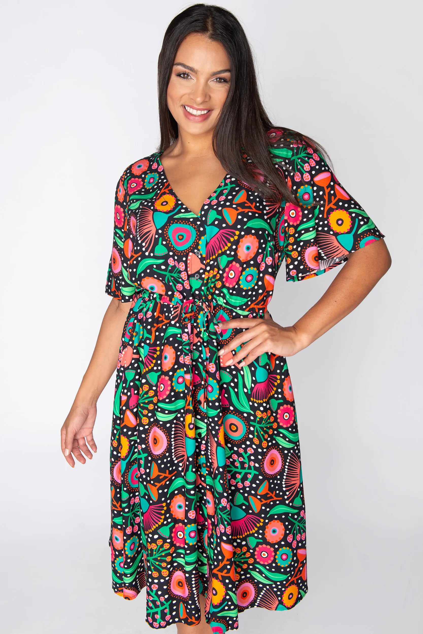 Jaz Wattle Wonderland Dress โ Wattle Wonderland knee length dress