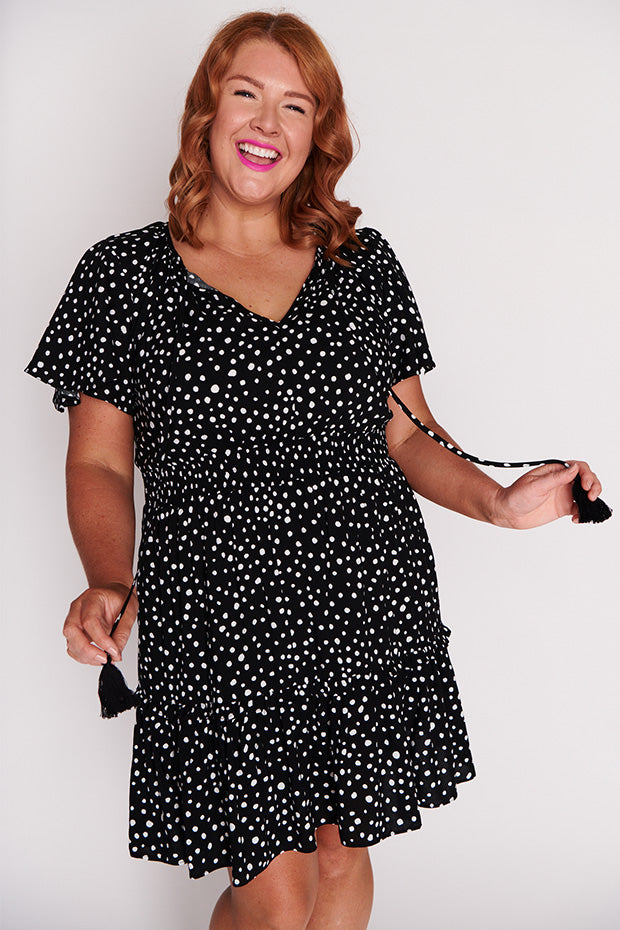 Kimberley Black Irregular Spot Dress โ Black Irregular Spot skater dress