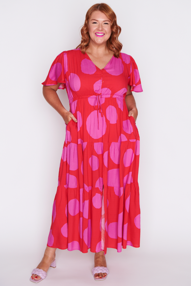 Alexia Splotched Pink & Red Dress โ Splotched Pink & Red maxi dress