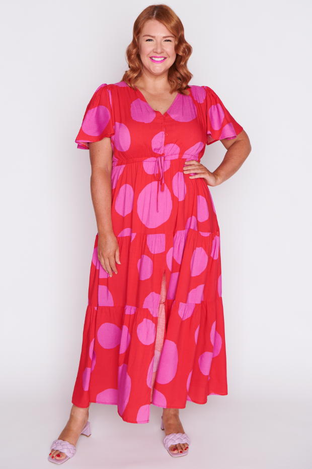 Alexia Splotched Pink & Red Dress โ Splotched Pink & Red maxi dress