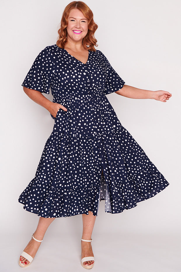 Jessica Navy & White Flecks Dress – Navy & White Flecks midi dress