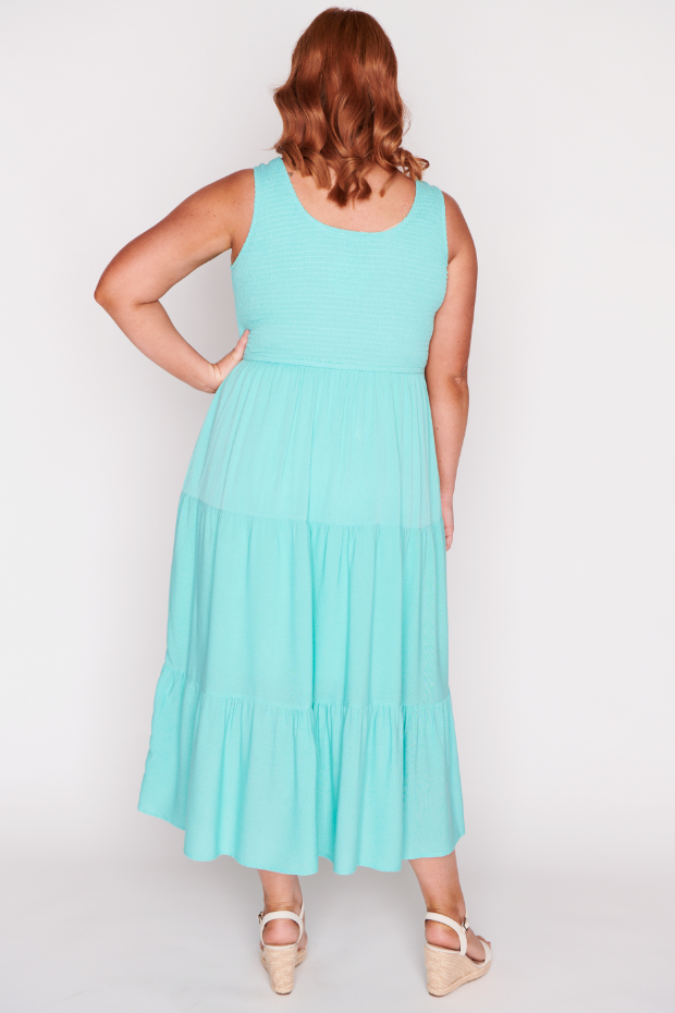 Krystie Sea Green Shirred Dress – Sea Green Shirred midi dress
