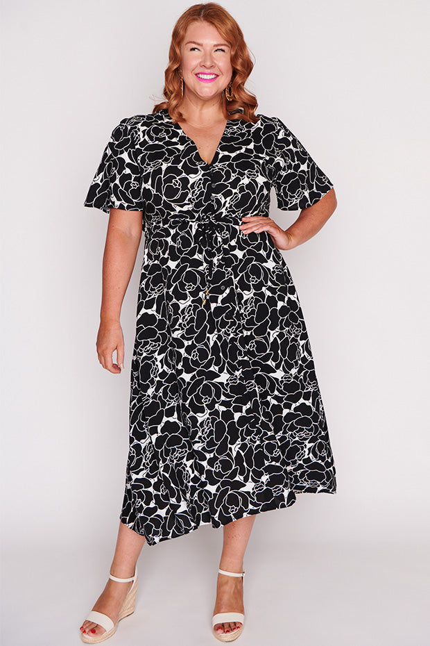 Michelle Peonies Black & White Dress โ Peonies Black & White midi dress