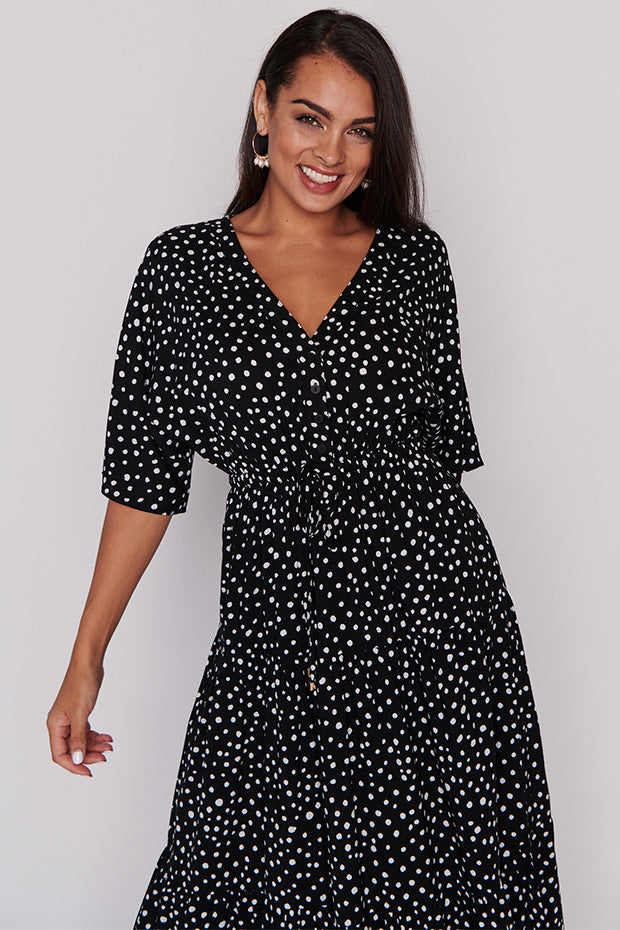 Maddie Black Irregular Spot Dress โ Black Irregular Spot maxi dress
