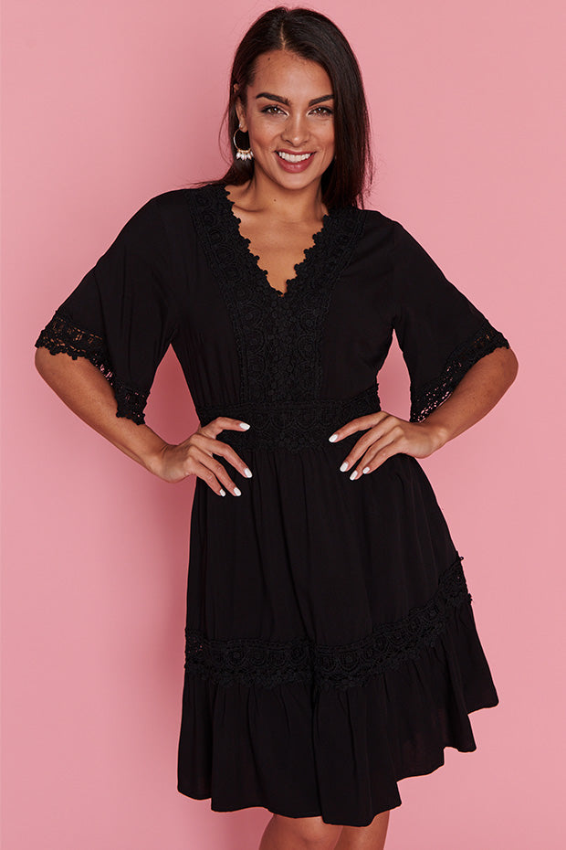 Niki Black Lace Trim Dress – Black Lace knee length dress