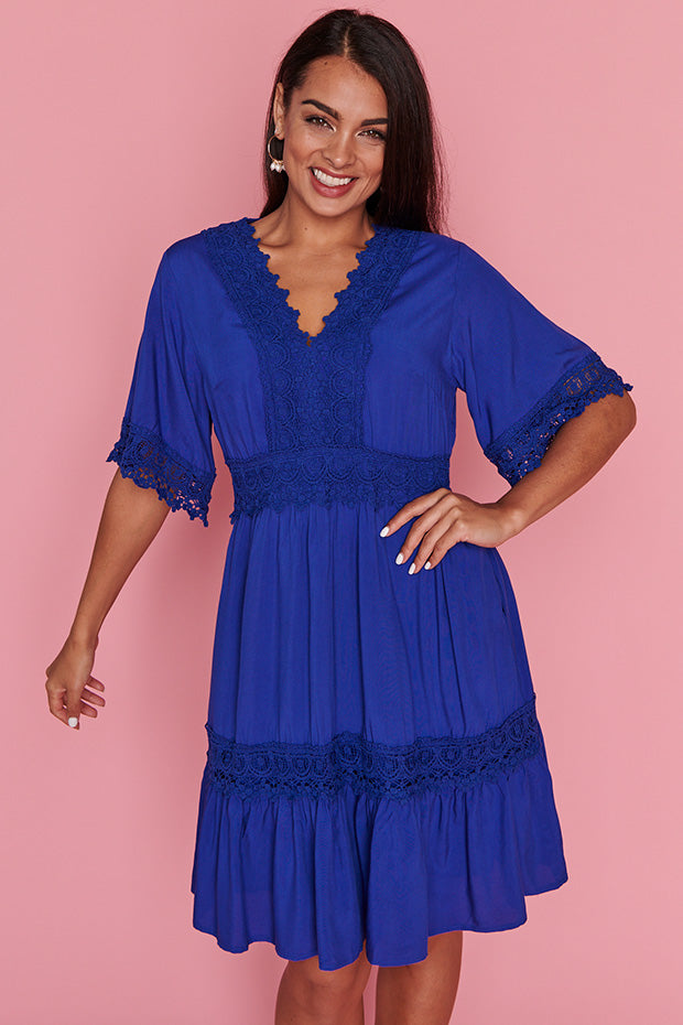 Niki Cobalt Lace Trim Dress – Cobalt Lace knee length dress