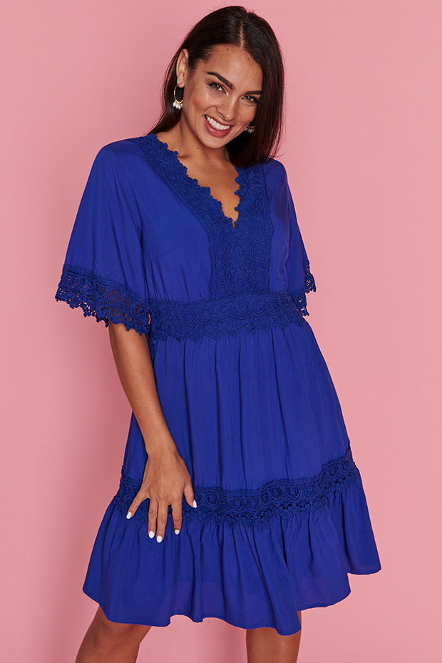 Niki Cobalt Lace Trim Dress – Cobalt Lace knee length dress