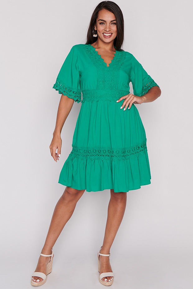 Niki Jade Lace Trim Dress – Jade Lace knee length dress