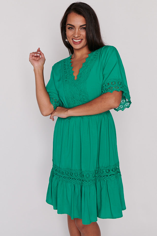 Niki Jade Lace Trim Dress – Jade Lace knee length dress