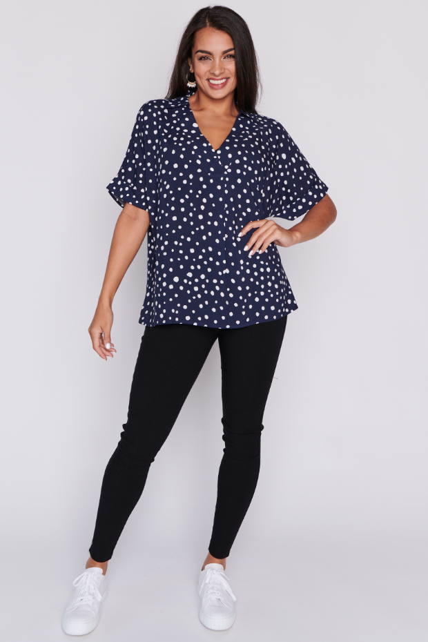 Monnie Navy & White Flecks Top โ Navy & White Flecks blouse