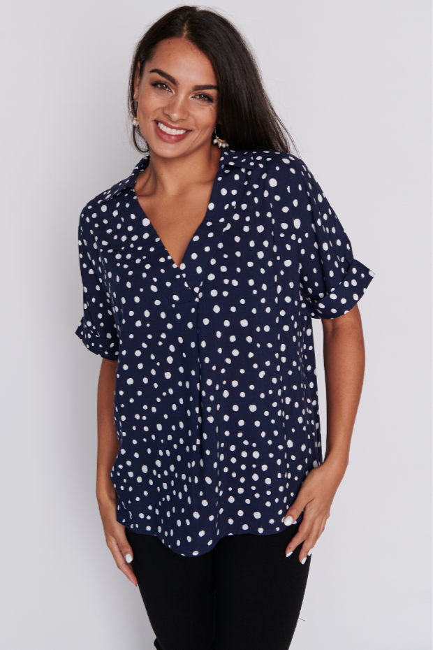 Monnie Navy & White Flecks Top โ Navy & White Flecks blouse