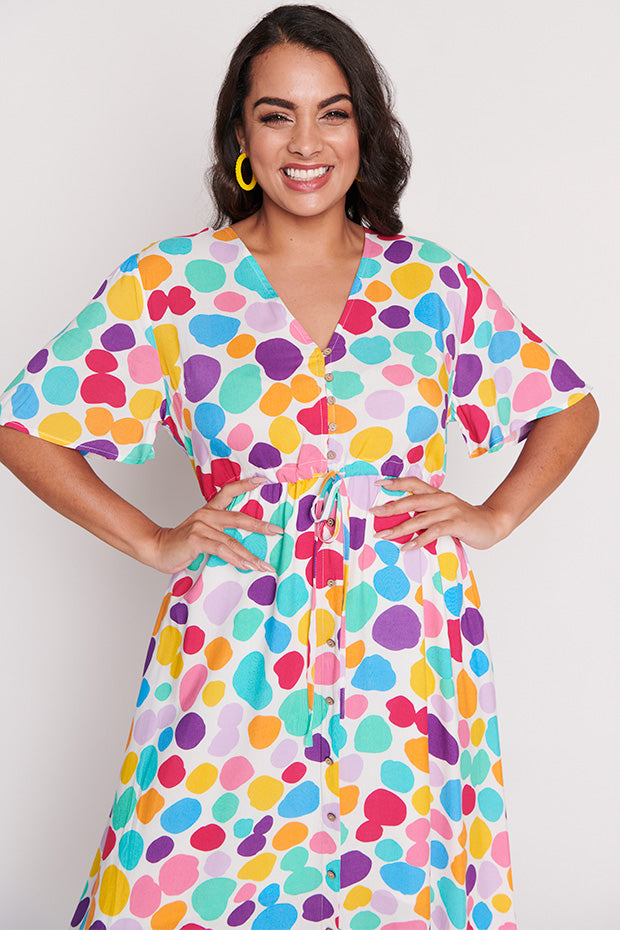 Michelle White Rainbow Pebble Dress โ White Rainbow Pebble midi dress