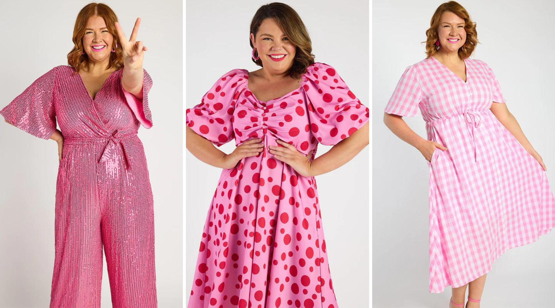 Three models wearing pink barbie inspired outfits