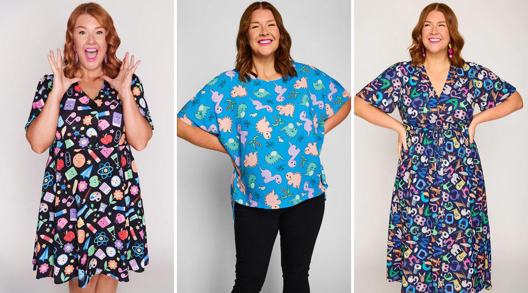 Model wearing fun prints on outfits, great fashion for teachers