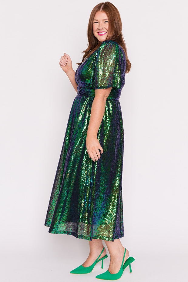 Tamie Green Party Sequins Dress – Green Party Sequins midi dress