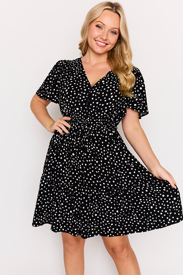 Remi Black Irregular Spot Dress – Black Irregular Spot knee length dress