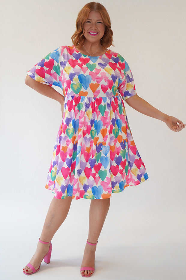 Allsorts Painterly Rainbow Hearts Dress – Painterly Rainbow Hearts knee length dress