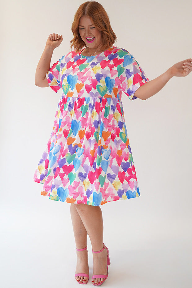 Allsorts Painterly Rainbow Hearts Dress – Painterly Rainbow Hearts knee length dress
